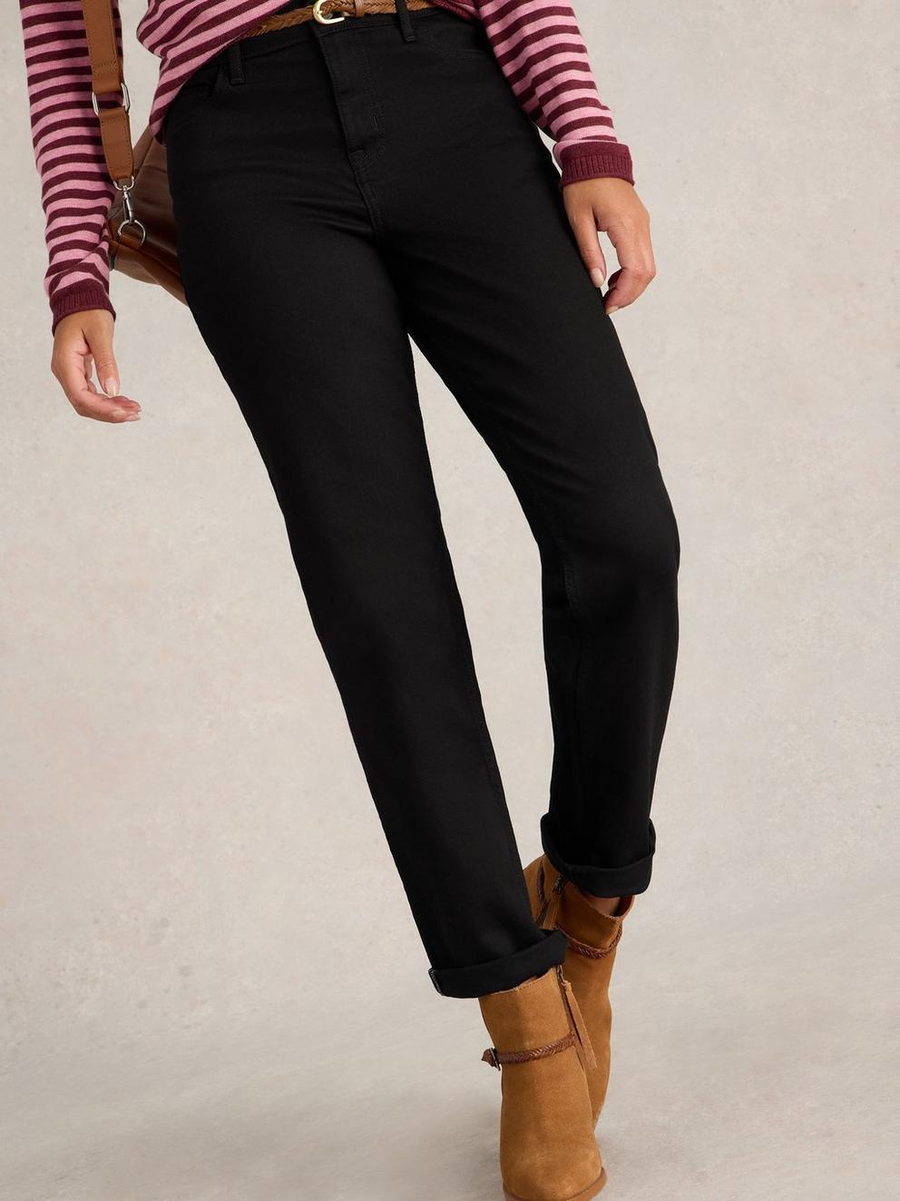 Taylor Full Length Straight Jean in BLK DENIM - MODEL DETAIL