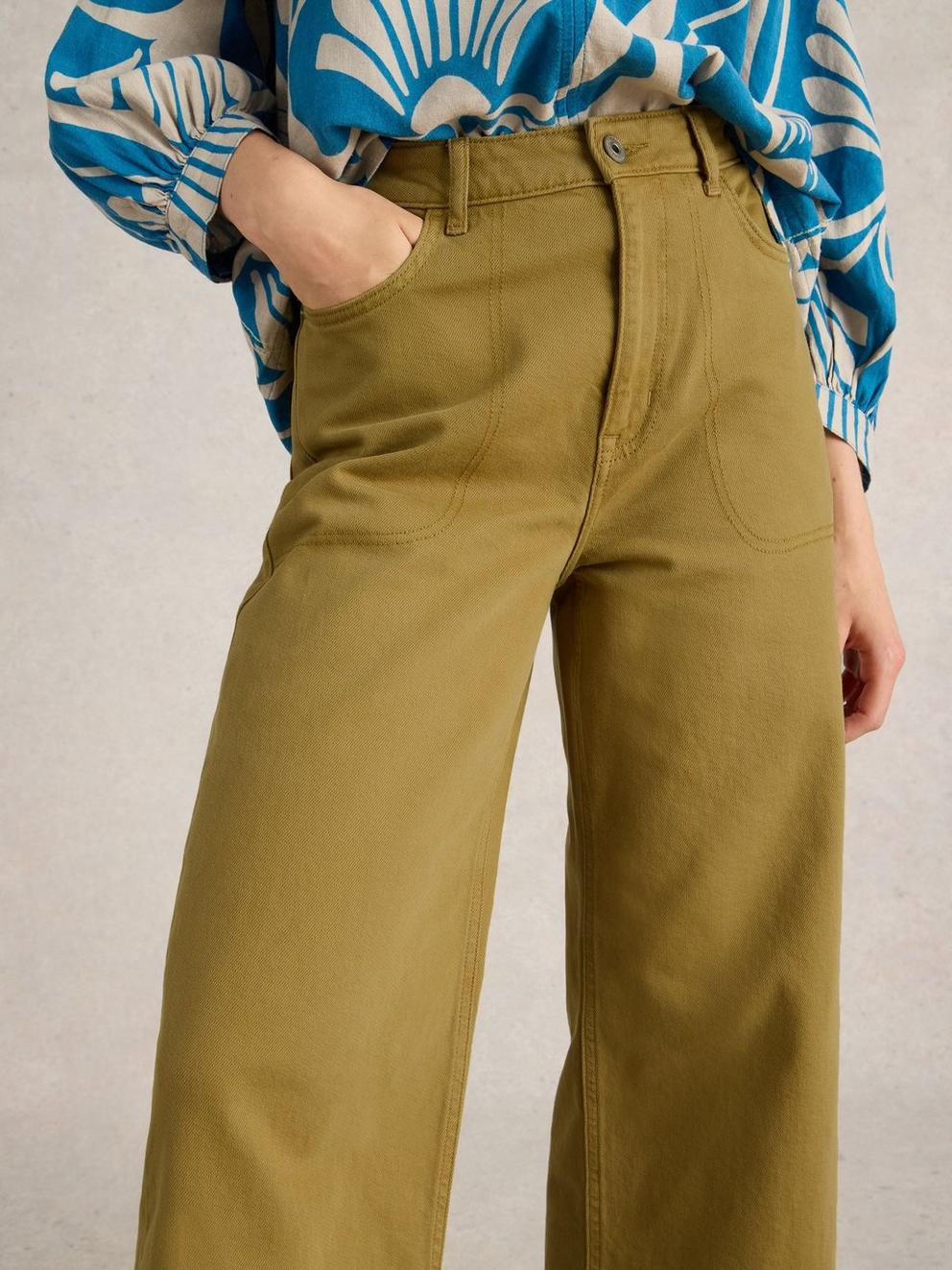 Tia Cropped Wide Leg Jean in KHAKI GRN - MODEL DETAIL