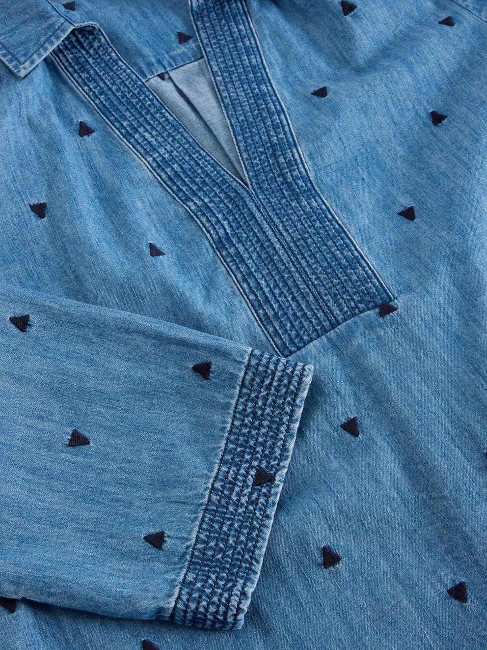 Blaire Denim Embroidered Tunic in MID DENIM - FLAT DETAIL
