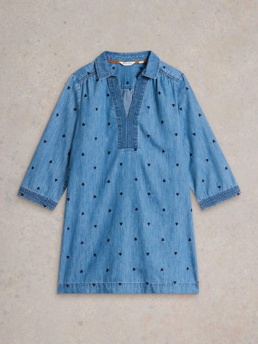 Blaire Denim Embroidered Tunic in MID DENIM - FLAT FRONT