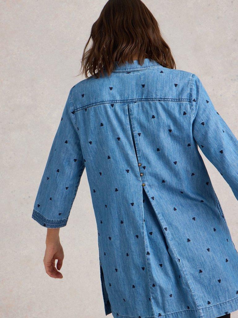 Blaire Denim Embroidered Tunic in MID DENIM - MODEL BACK