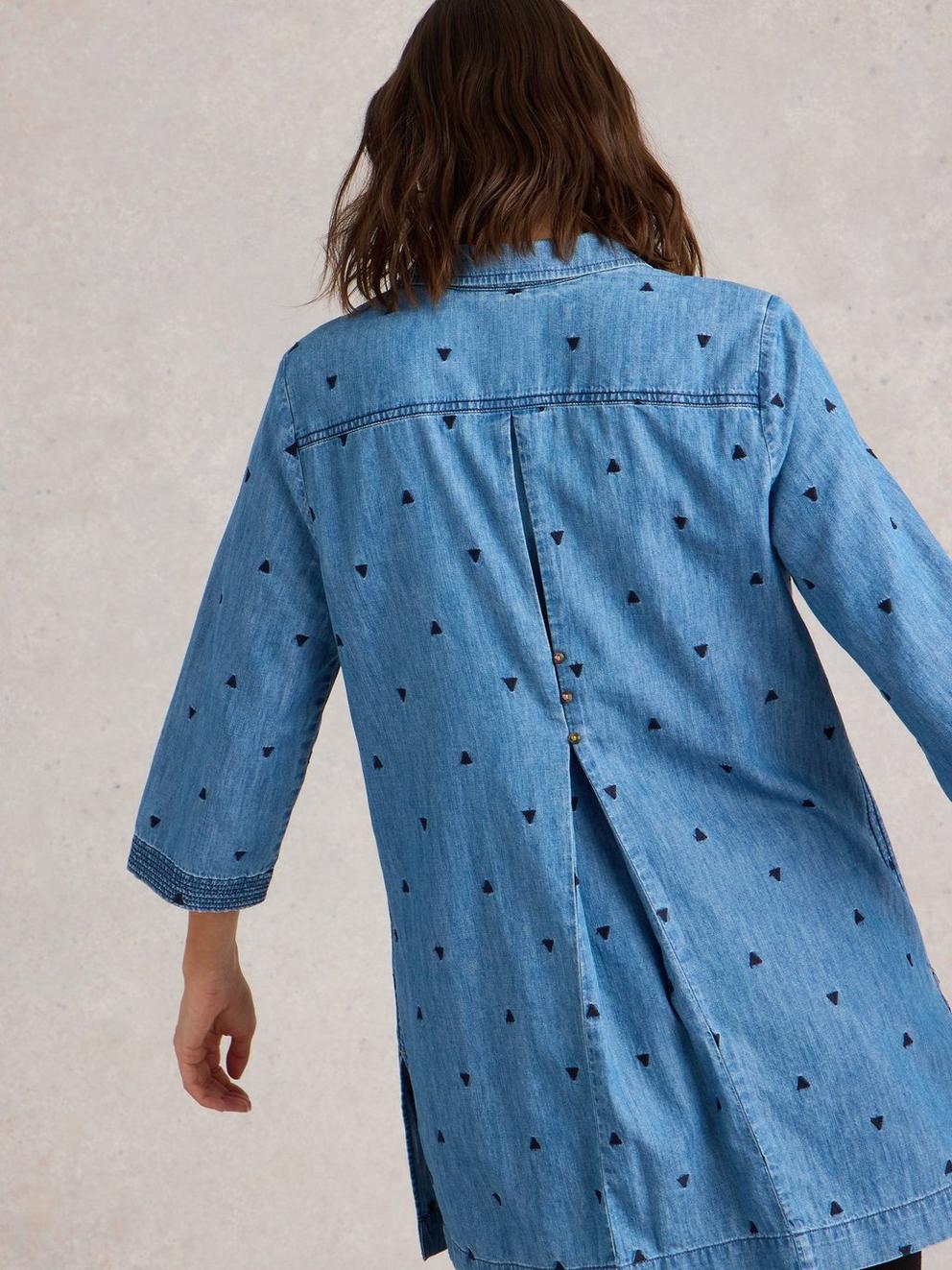 Blaire Denim Embroidered Tunic in MID DENIM - MODEL BACK