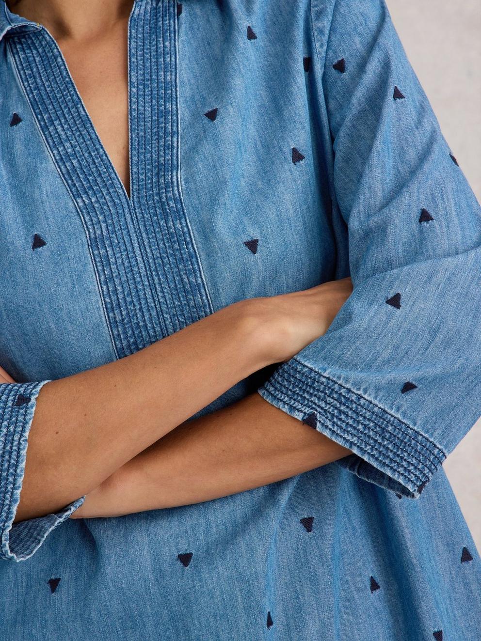 Blaire Denim Embroidered Tunic in MID DENIM - MODEL DETAIL