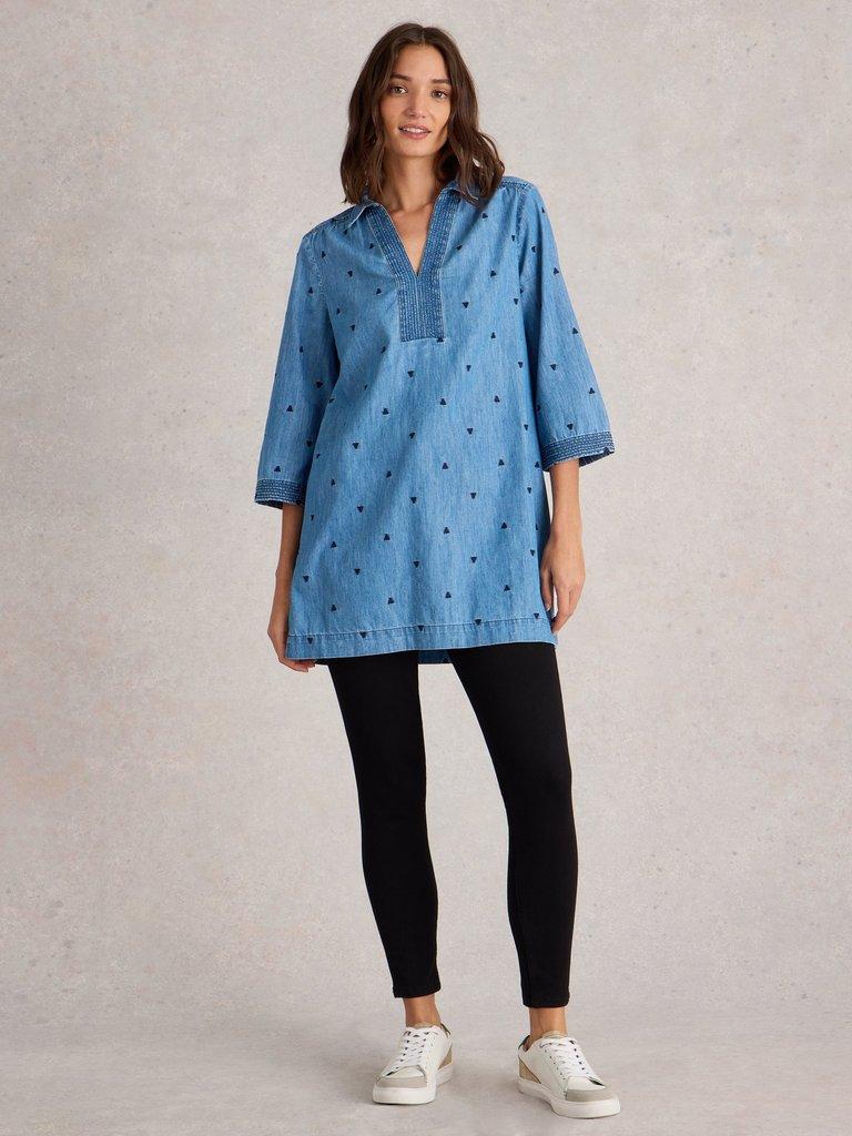 Blaire Denim Embroidered Tunic in MID DENIM - MODEL FRONT