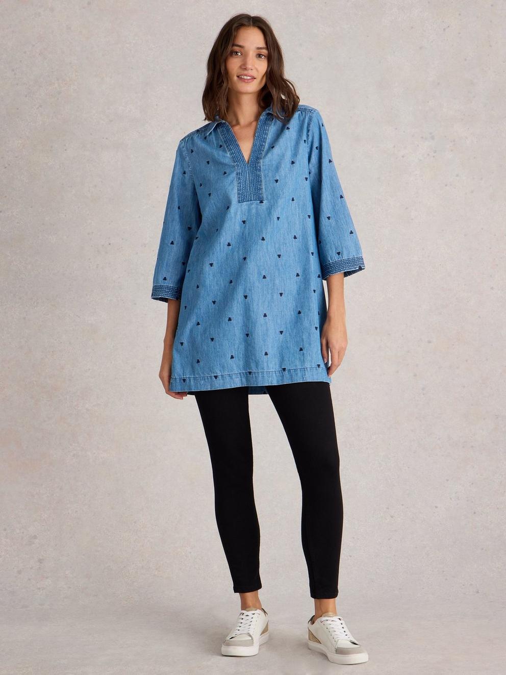 Blaire Denim Embroidered Tunic in MID DENIM - MODEL FRONT