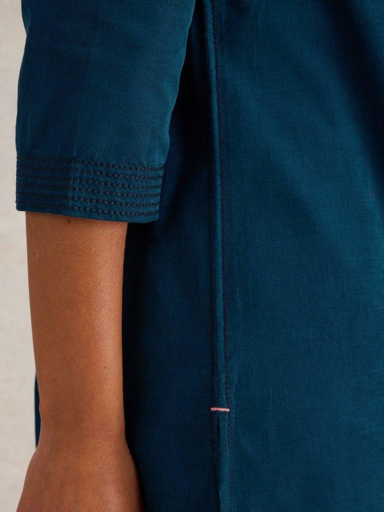 Blaire Cord Tunic in DK TEAL - MODEL DETAIL