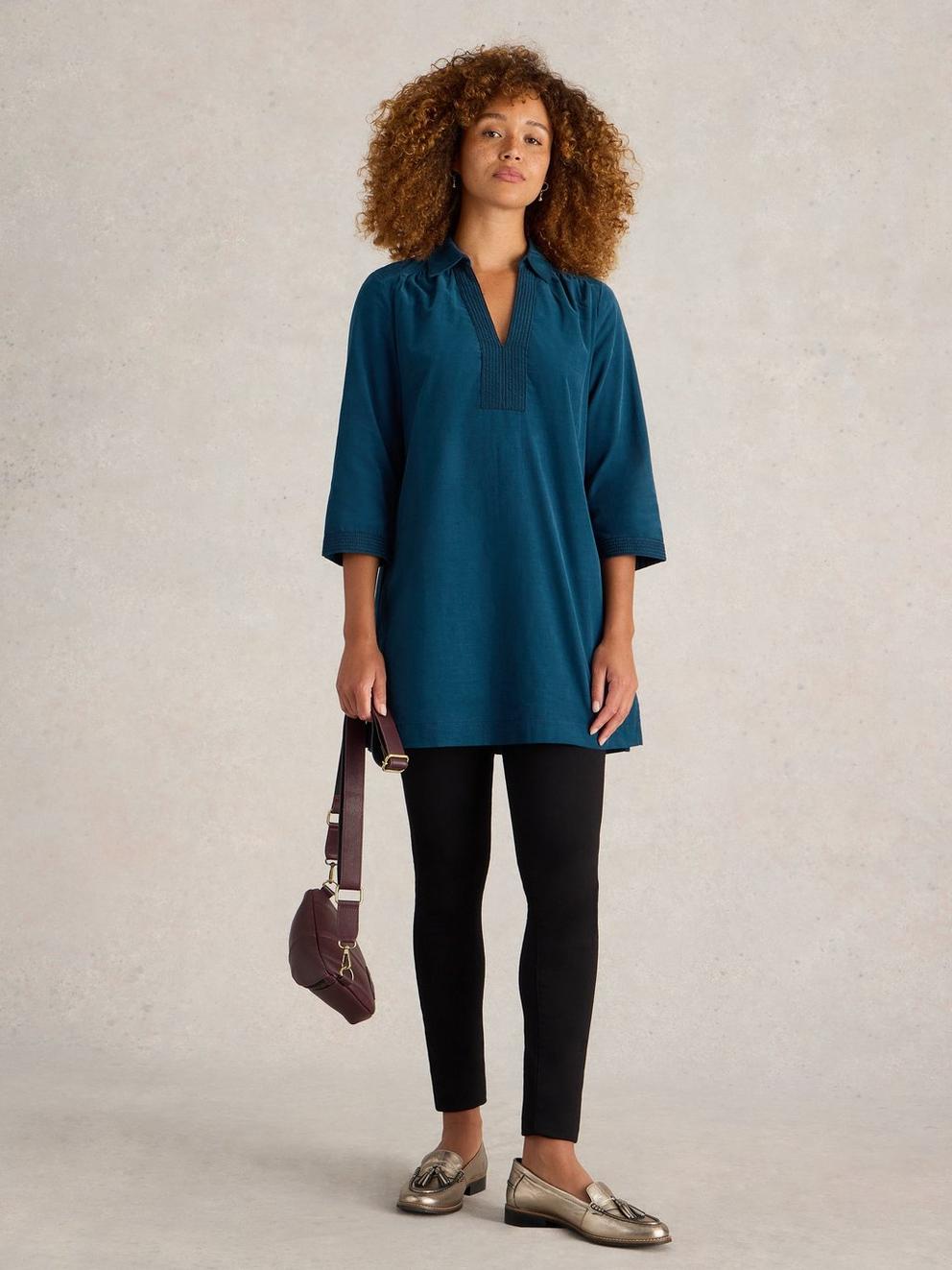 Blaire Cord Tunic in DK TEAL - MODEL FRONT