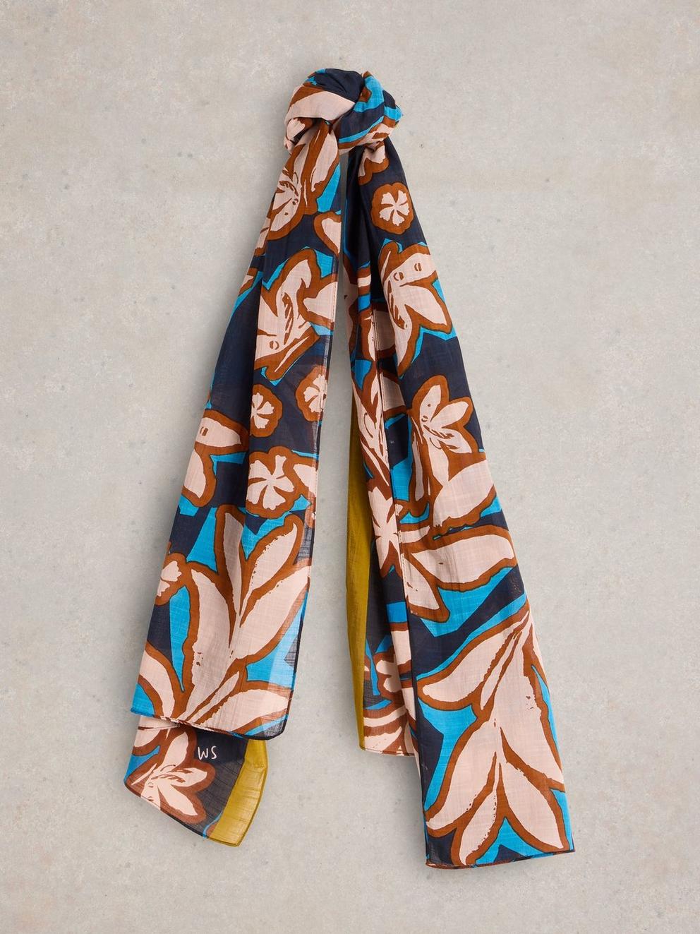 Abstract Leaf Print Scarf in BLUE MLT - FLAT FRONT