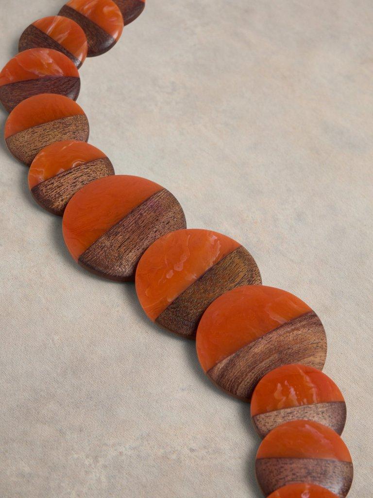 Resin Wood Mix Necklace in ORANGE MLT - FLAT DETAIL