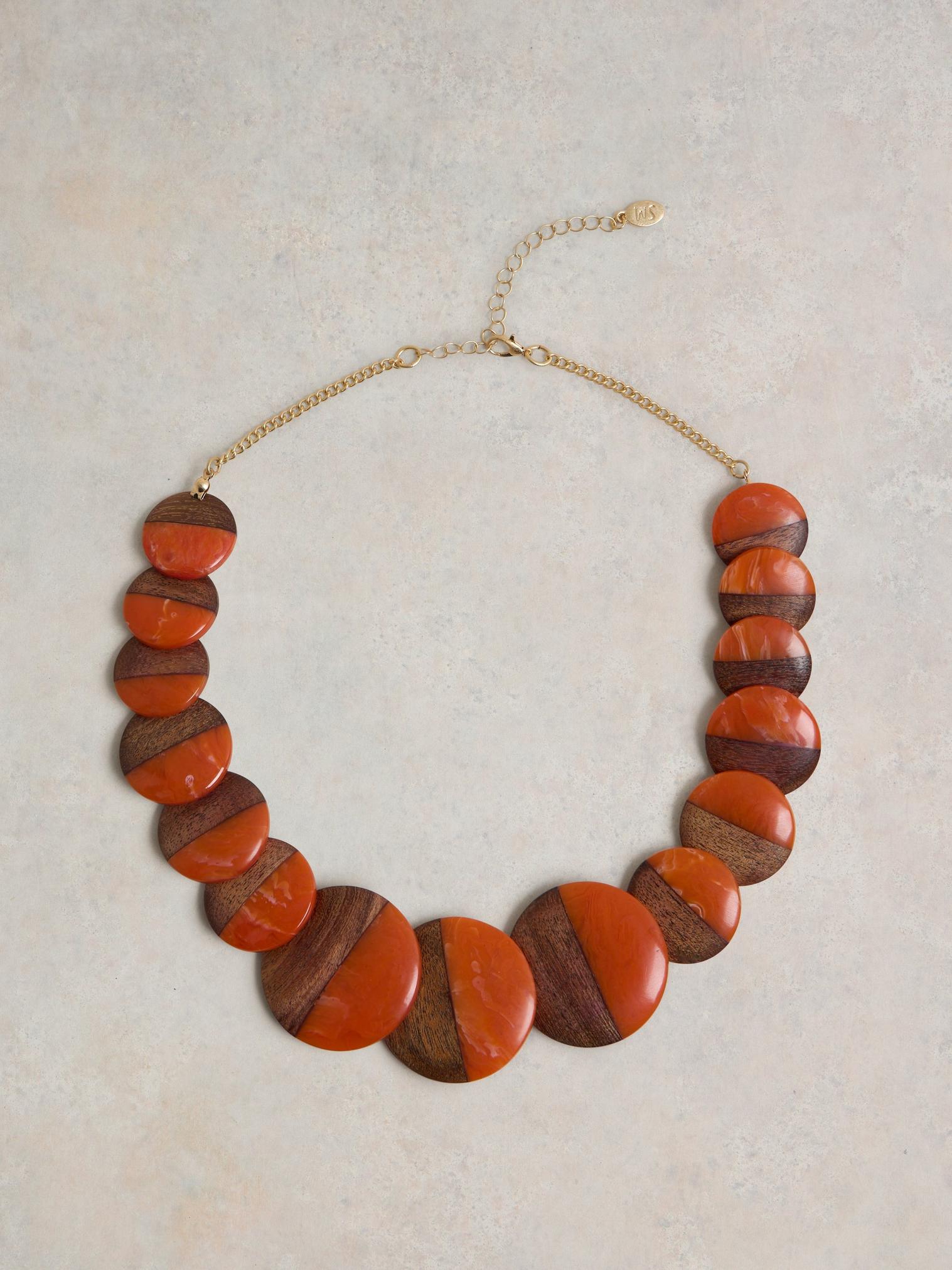 Resin Wood Mix Necklace in ORANGE MLT - FLAT FRONT