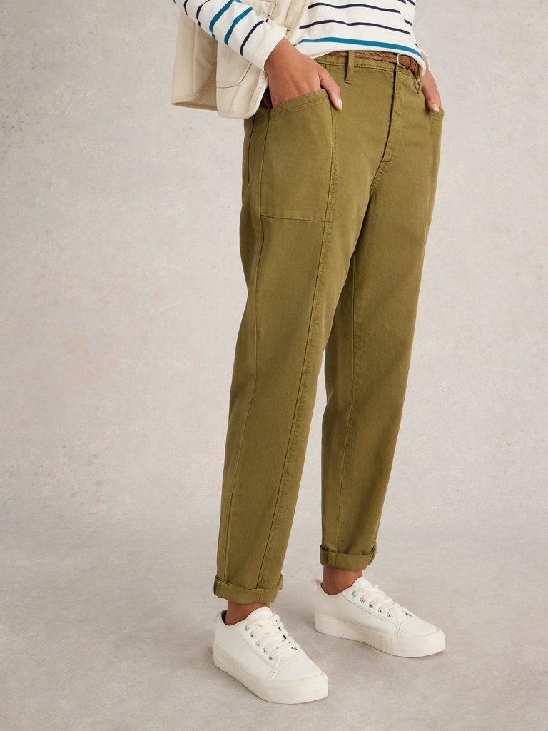 Thea Tapered Trouser in KHAKI GRN - MODEL DETAIL