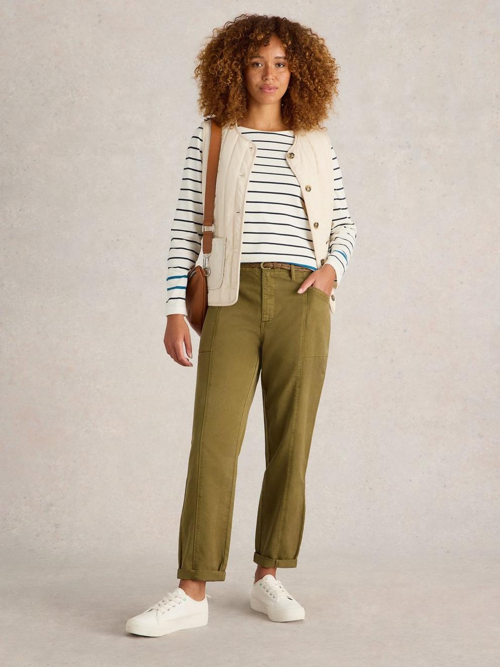 Thea Tapered Trouser in KHAKI GRN - MODEL FRONT