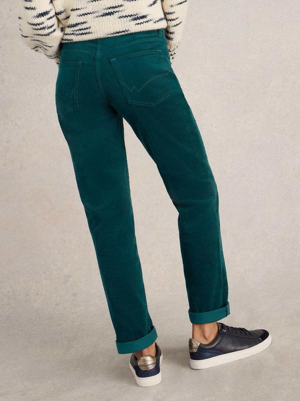 Brooke Cord Straight Trouser in DK GREEN - MODEL BACK