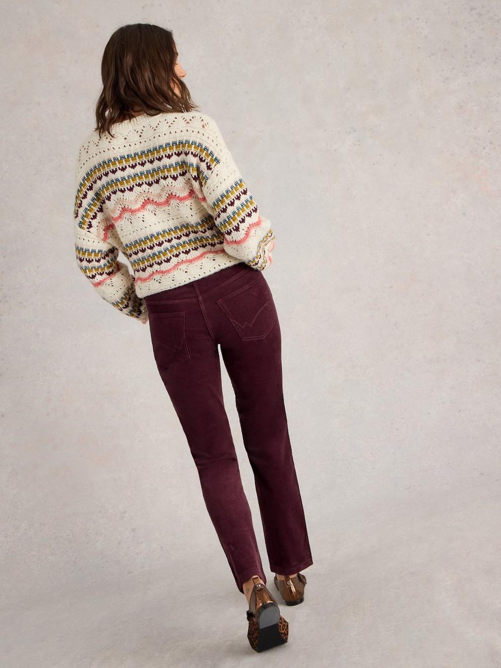 Brooke Cord Straight Trouser in MID PLUM - MODEL BACK