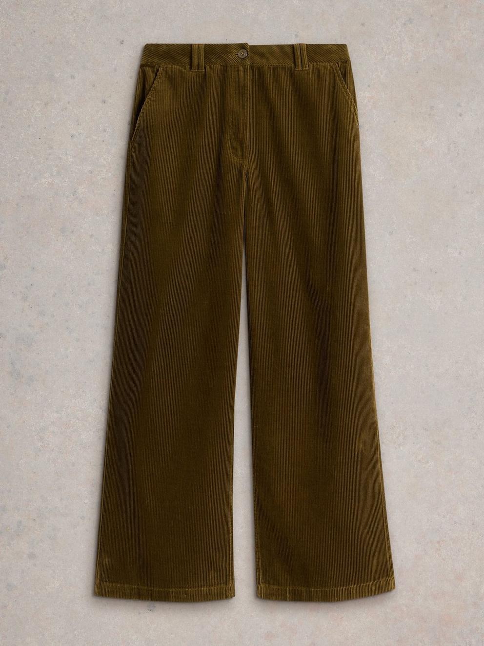 Belle Cord Wide Leg Trouser in KHAKI GRN - FLAT FRONT