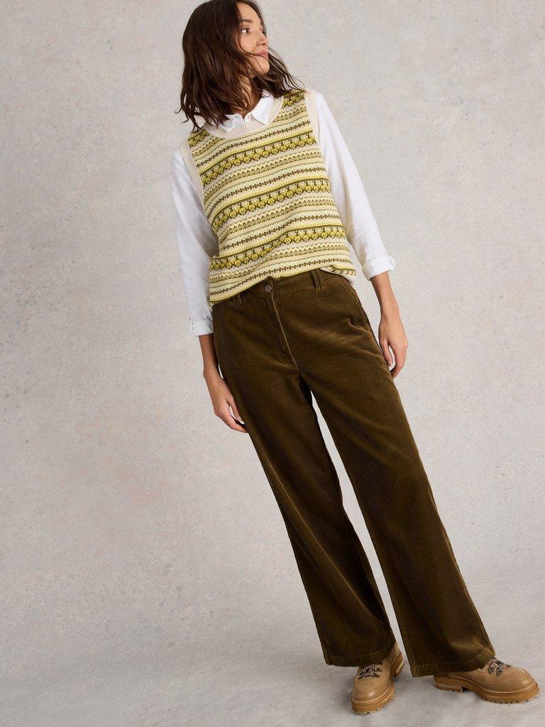 Belle Cord Wide Leg Trouser in KHAKI GRN - MODEL DETAIL