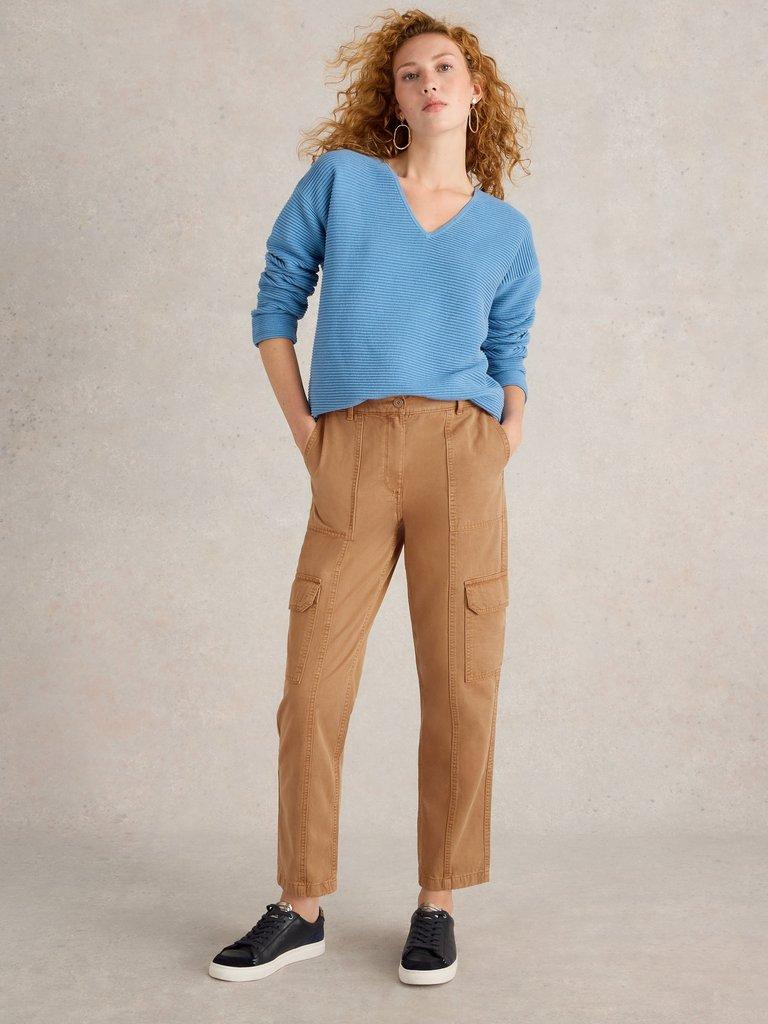 Clover Cargo Trouser in MID TAN - MODEL FRONT