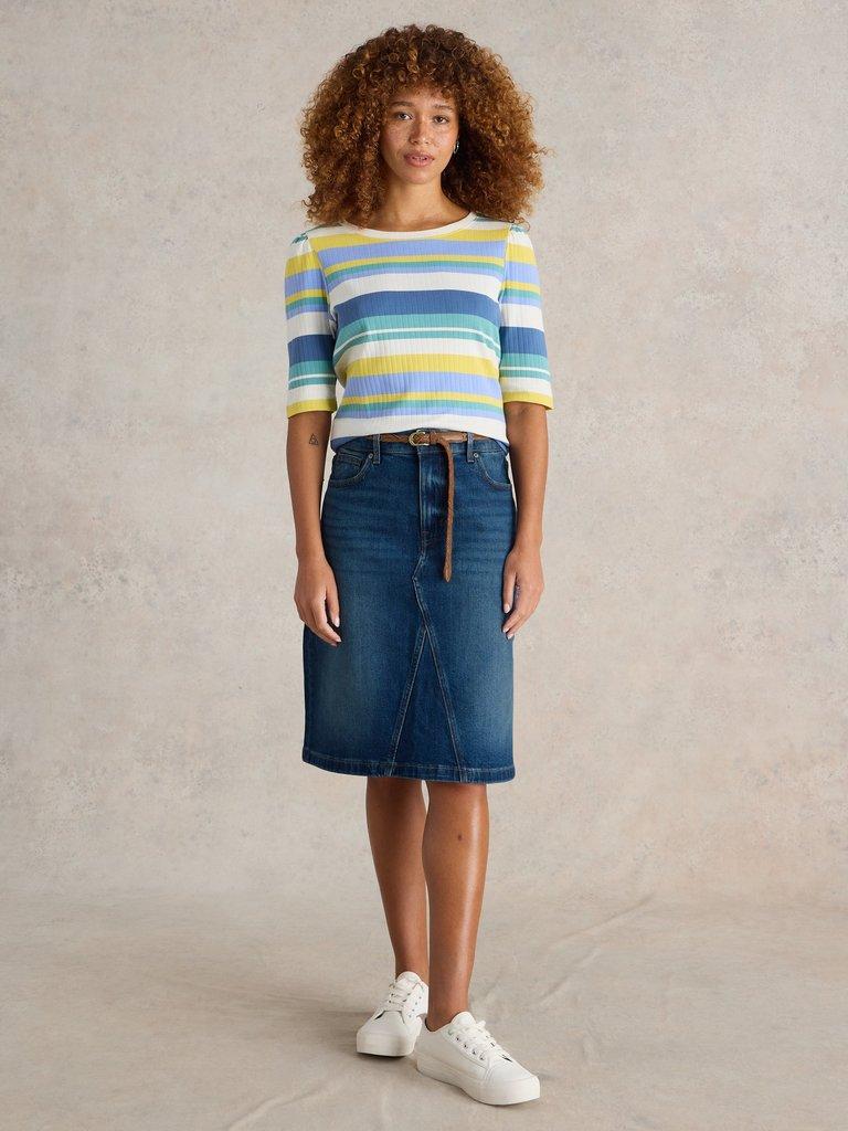 Scarlett Denim Skirt in MID DENIM - MODEL FRONT