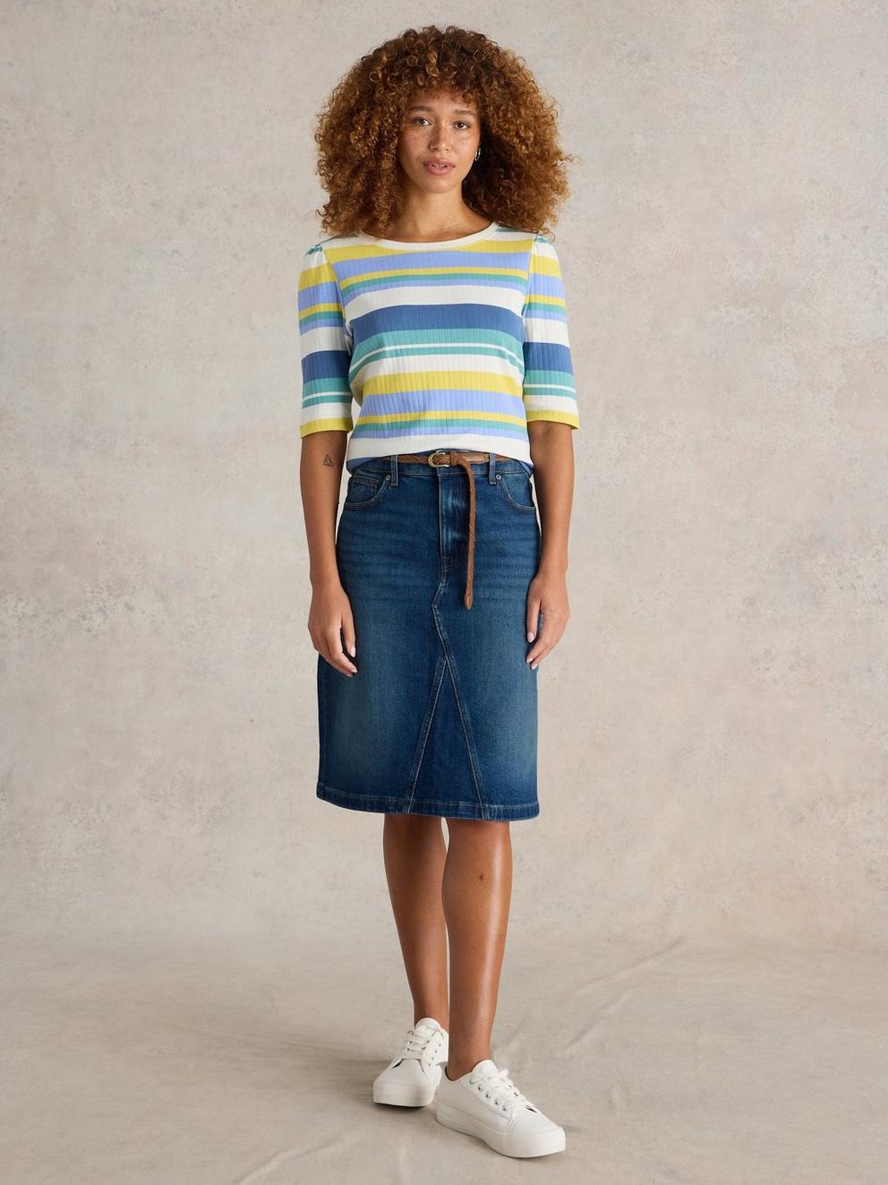 Scarlett Denim Skirt in MID DENIM - MODEL FRONT