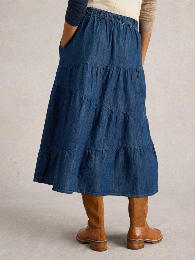 Jenna Denim Tiered Skirt in DARK NAVY - MODEL BACK