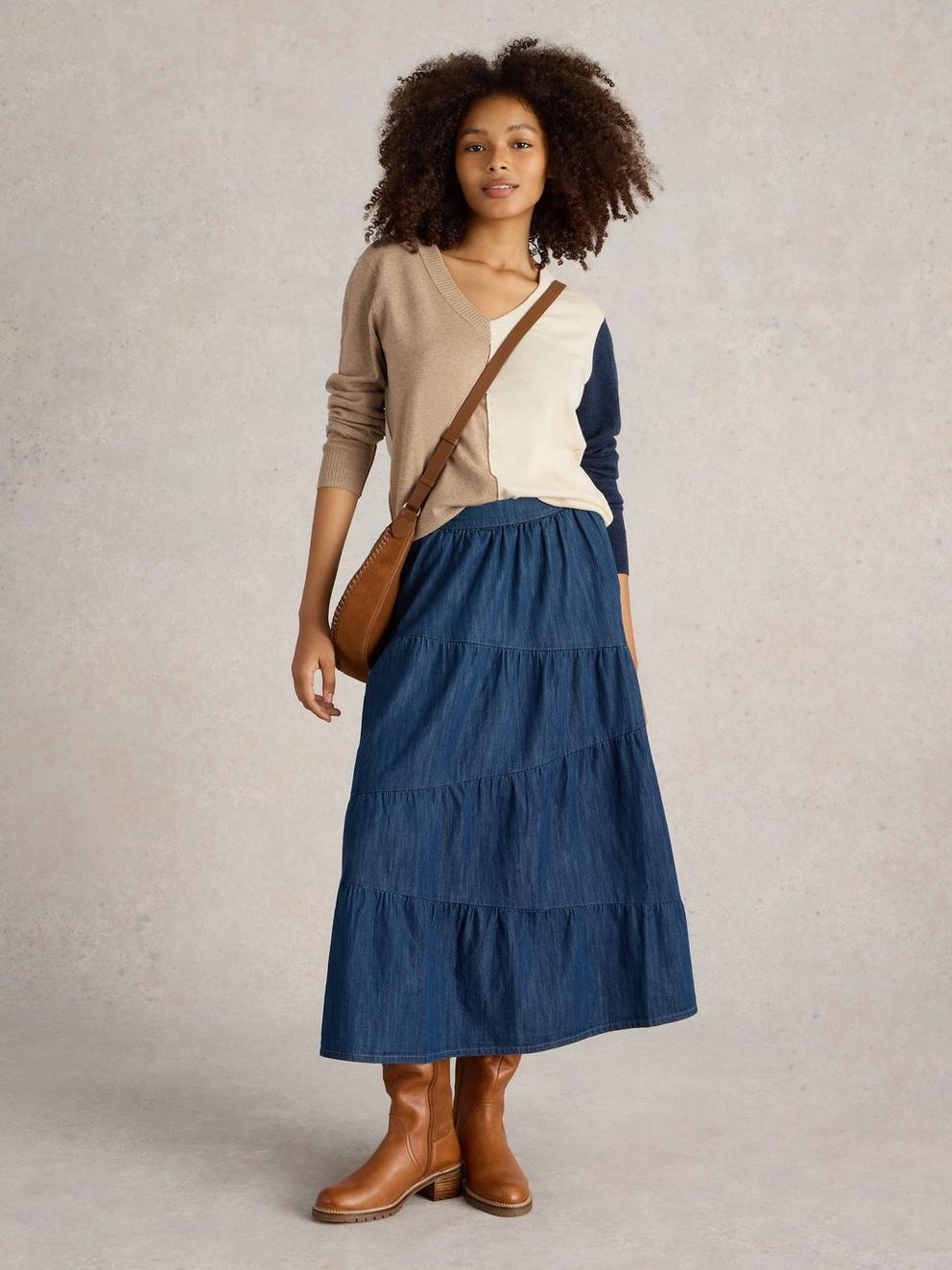 Jenna Denim Tiered Skirt in DARK NAVY - MODEL FRONT