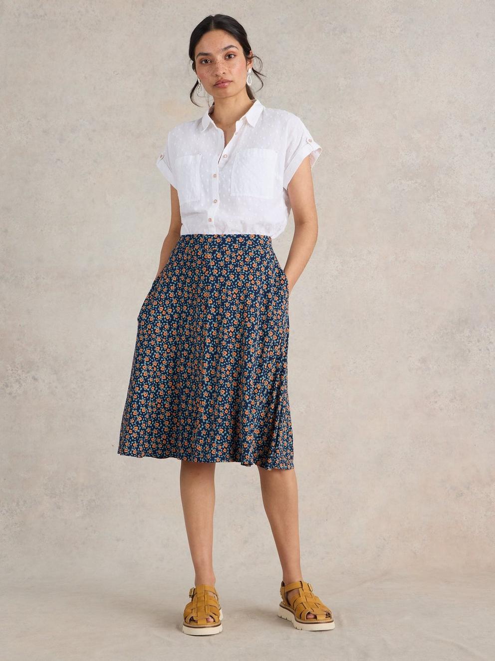 Jade Jersey Skirt  in NAVY PR - MODEL FRONT