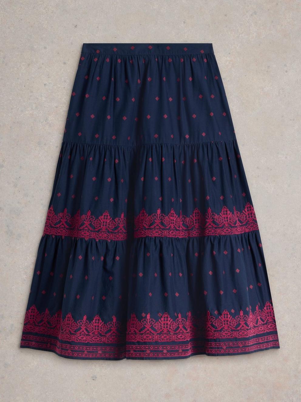 Polly Embroidered Skirt in NAVY MULTI - FLAT FRONT