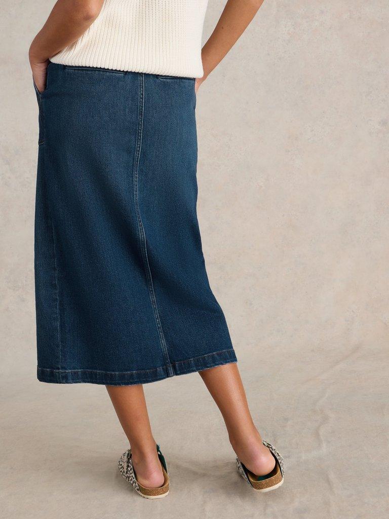 Maren Denim Midi Skirt in MID DENIM - MODEL BACK