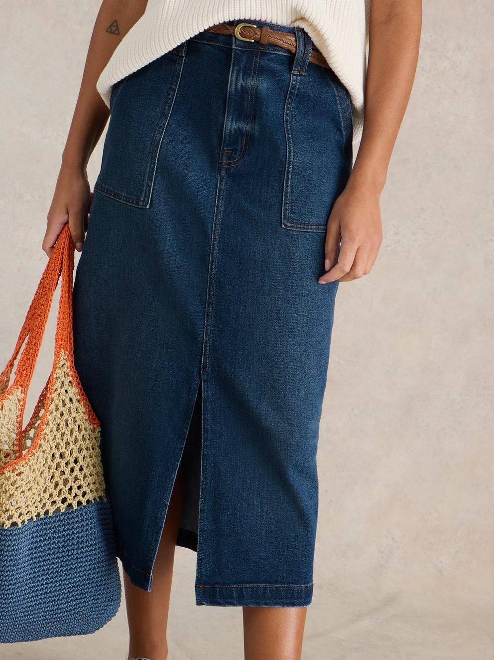 Maren Denim Midi Skirt in MID DENIM - MODEL DETAIL