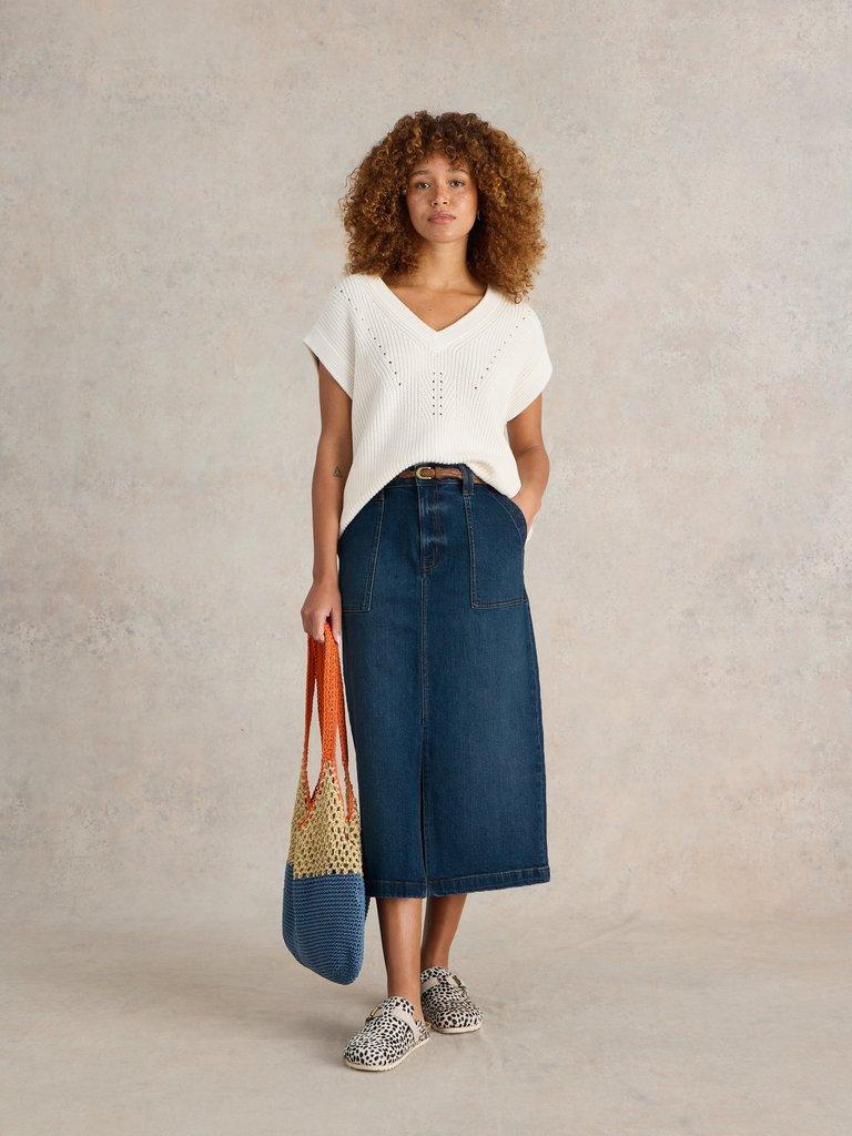 Maren Denim Midi Skirt in MID DENIM - MODEL FRONT