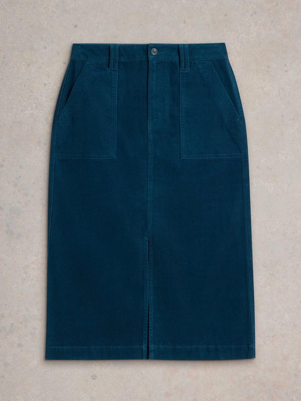 Maren Organic Cord Skirt in DK TEAL - FLAT FRONT