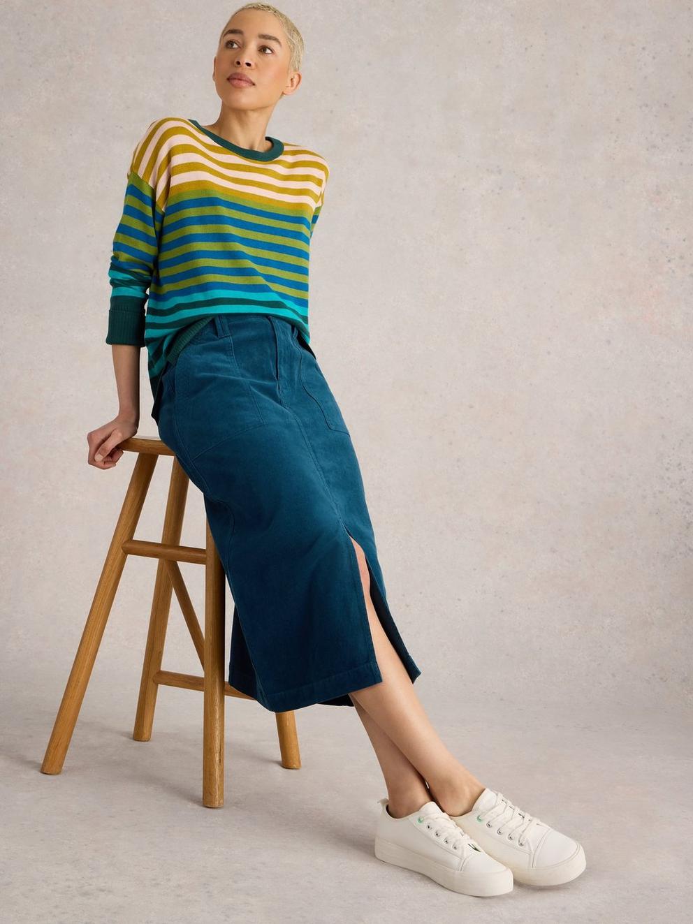 Maren Organic Cord Skirt in DK TEAL - LIFESTYLE