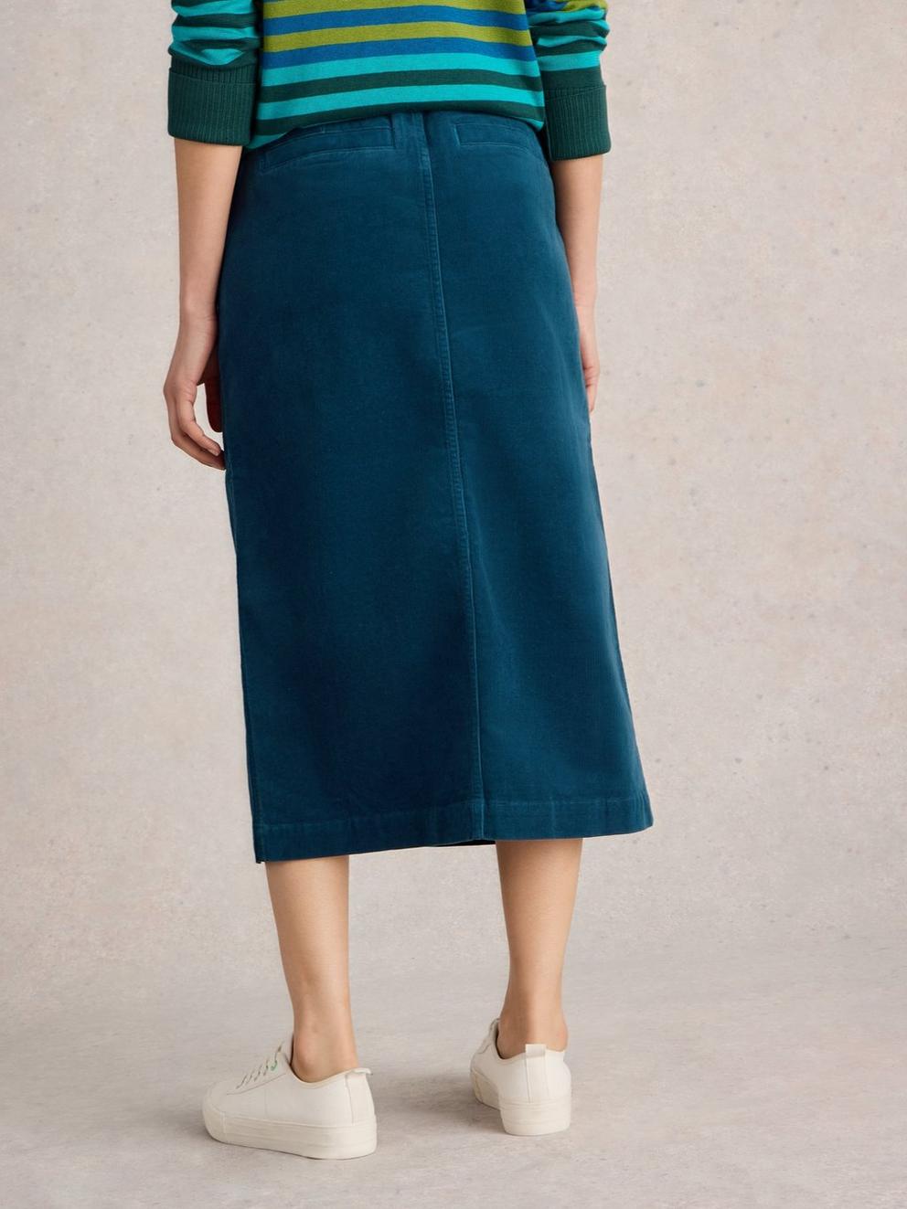 Maren Organic Cord Skirt in DK TEAL - MODEL BACK