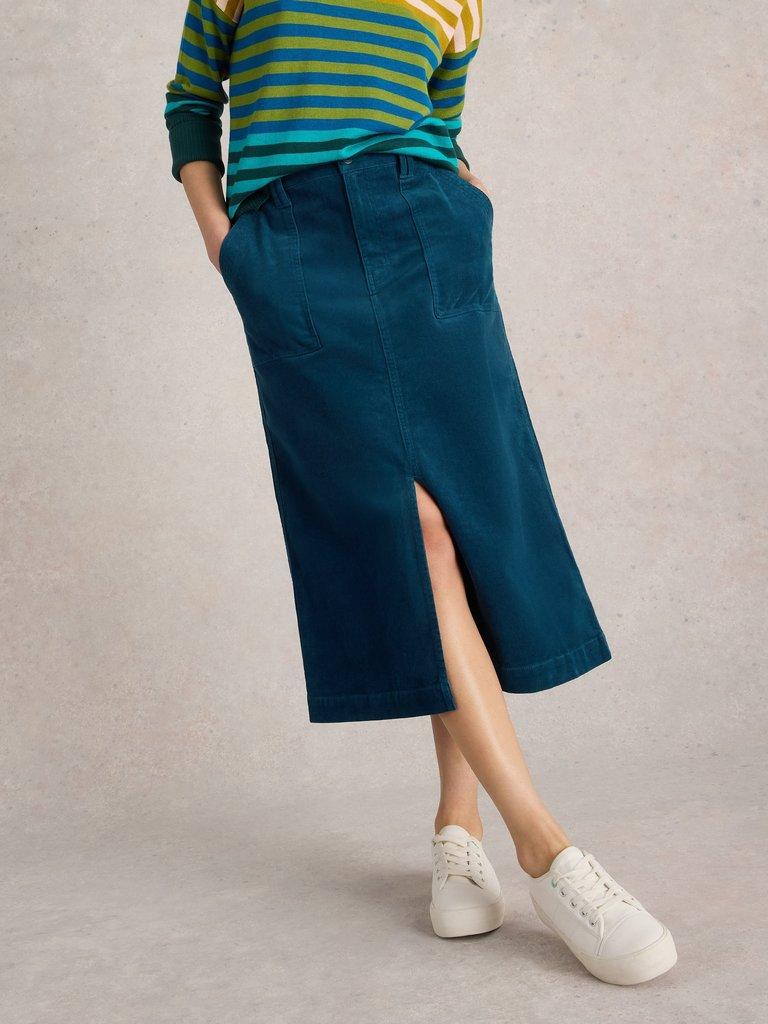 Maren Organic Cord Skirt in DK TEAL - MODEL DETAIL