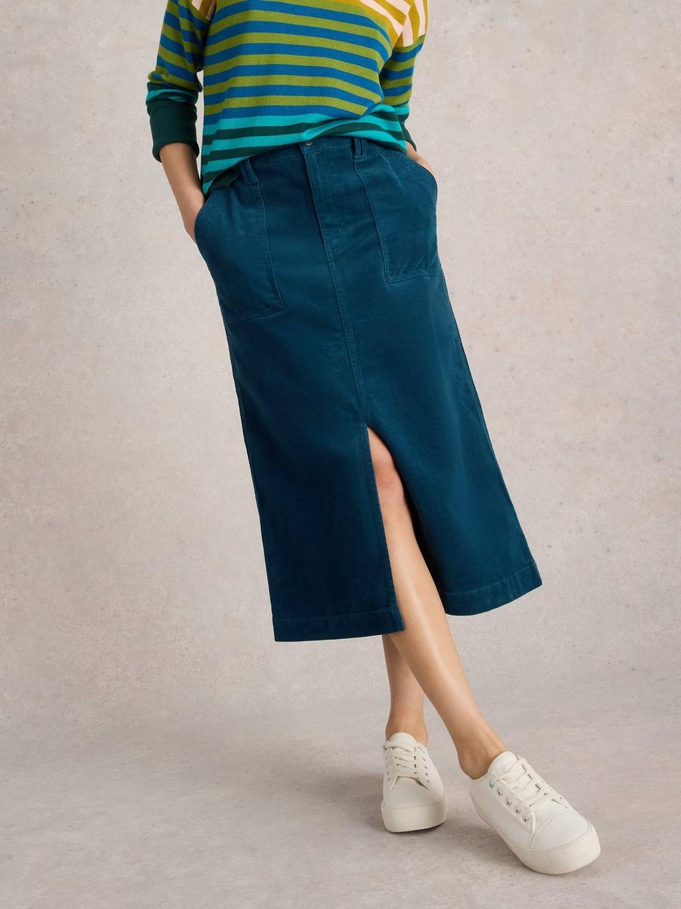 Maren Organic Cord Skirt in DK TEAL - MODEL DETAIL