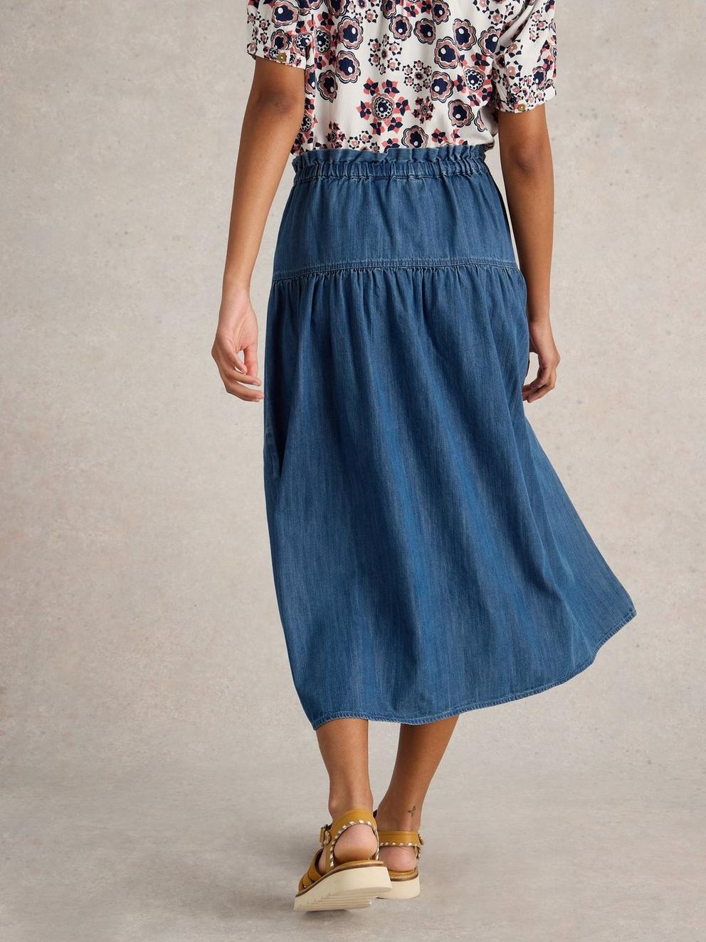 Seema Denim Skirt in MID DENIM - MODEL BACK