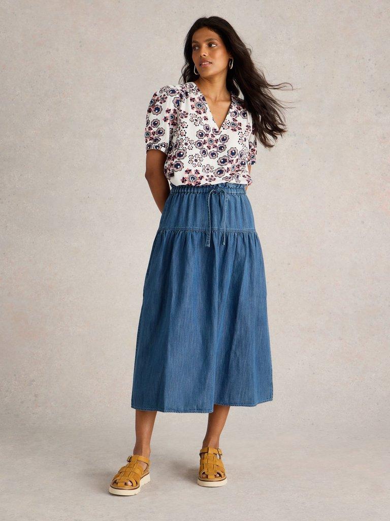 Seema Denim Skirt in MID DENIM - MODEL FRONT