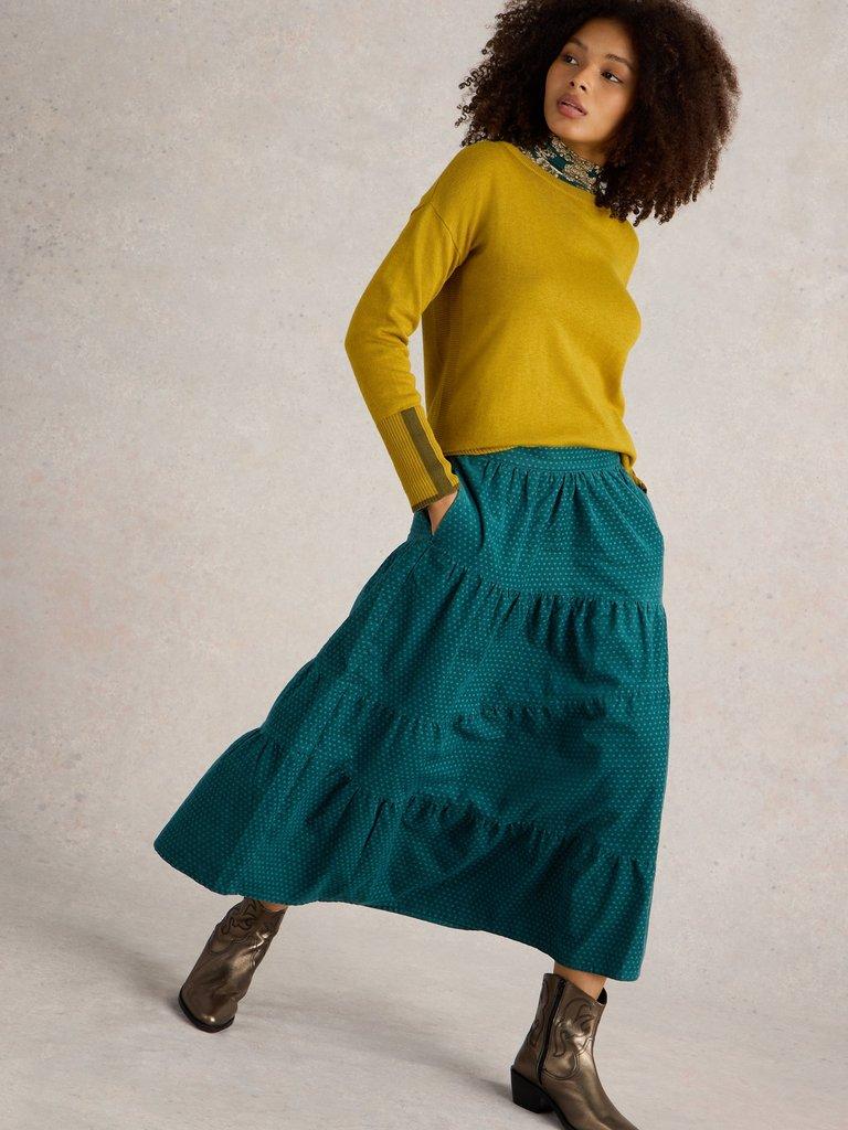 Jenna Cord Tiered Skirt in DK GREEN - LIFESTYLE