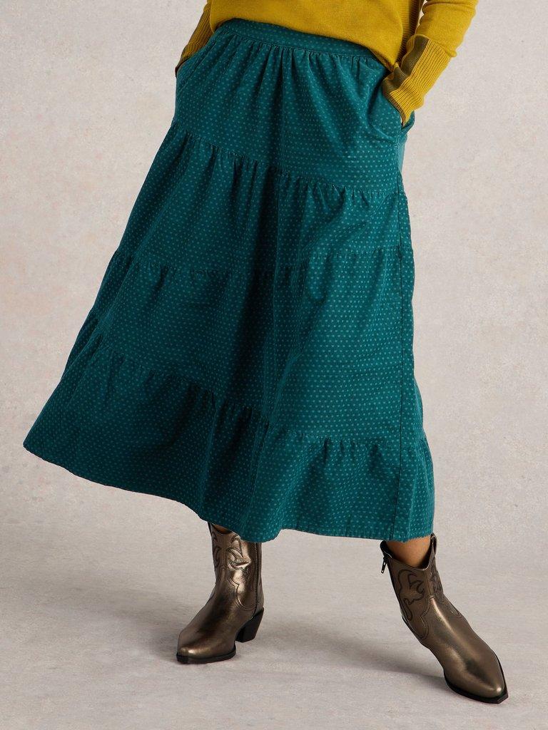 Jenna Cord Tiered Skirt in DK GREEN - MODEL DETAIL