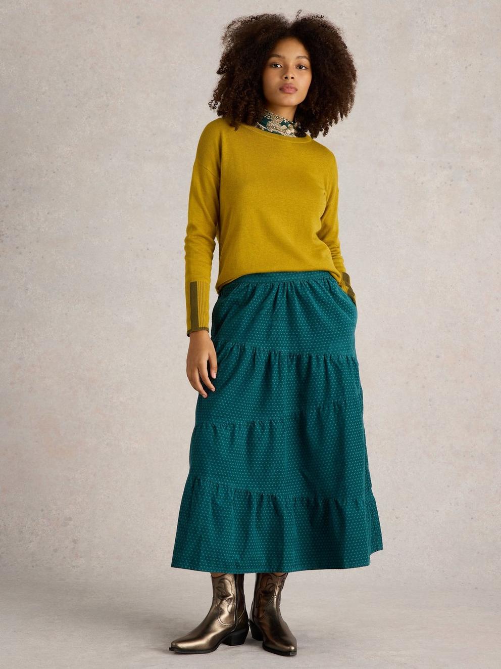 Jenna Cord Tiered Skirt in DK GREEN - MODEL FRONT