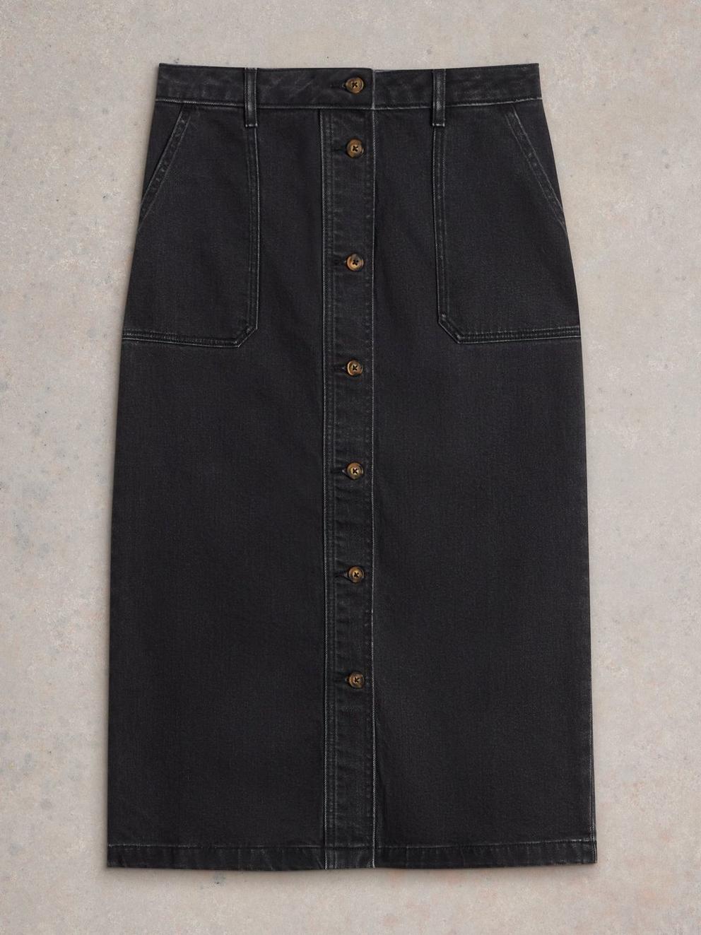 Colleen Denim Midi Skirt in BLK DENIM - FLAT FRONT