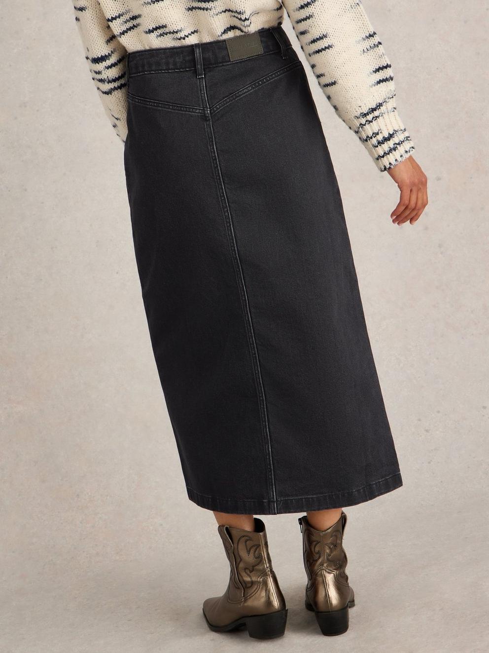 Colleen Denim Midi Skirt in BLK DENIM - MODEL BACK