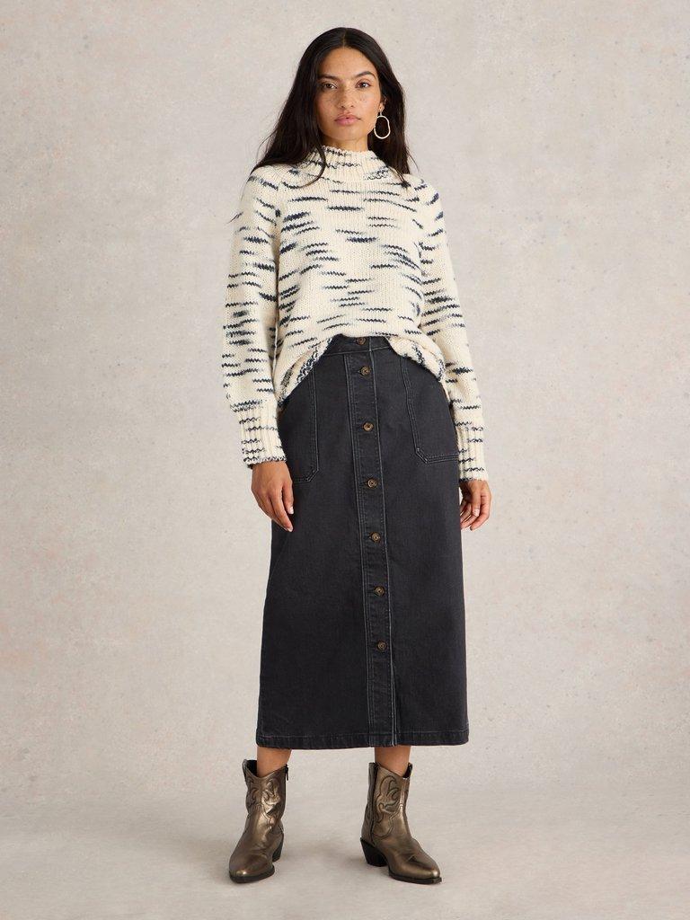 Colleen Denim Midi Skirt in BLK DENIM - MODEL FRONT