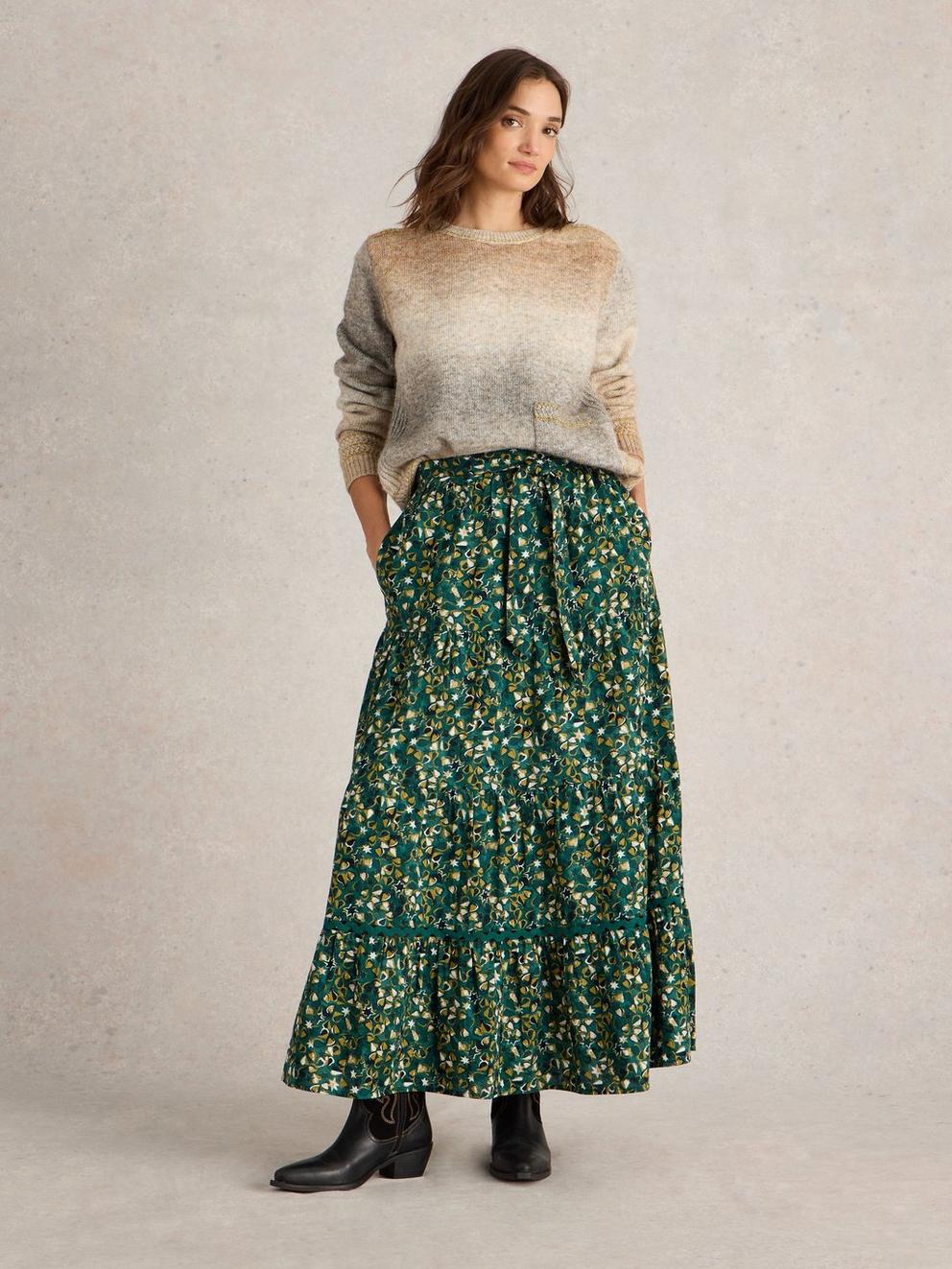 Lotus Maxi Skirt in GREEN PR - MODEL FRONT