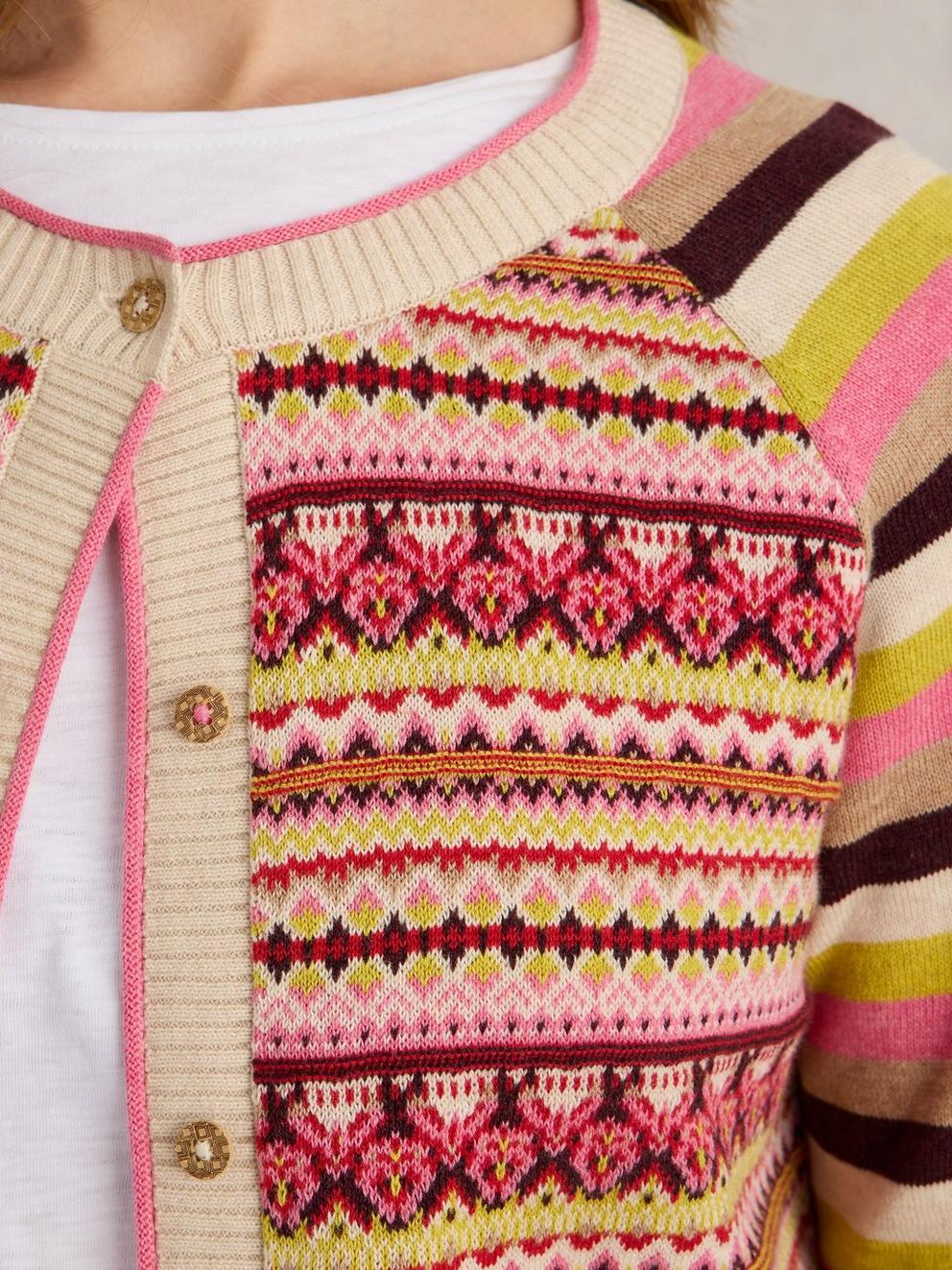 LULU FAIRISLE CARDI in PINK MLT - MODEL DETAIL