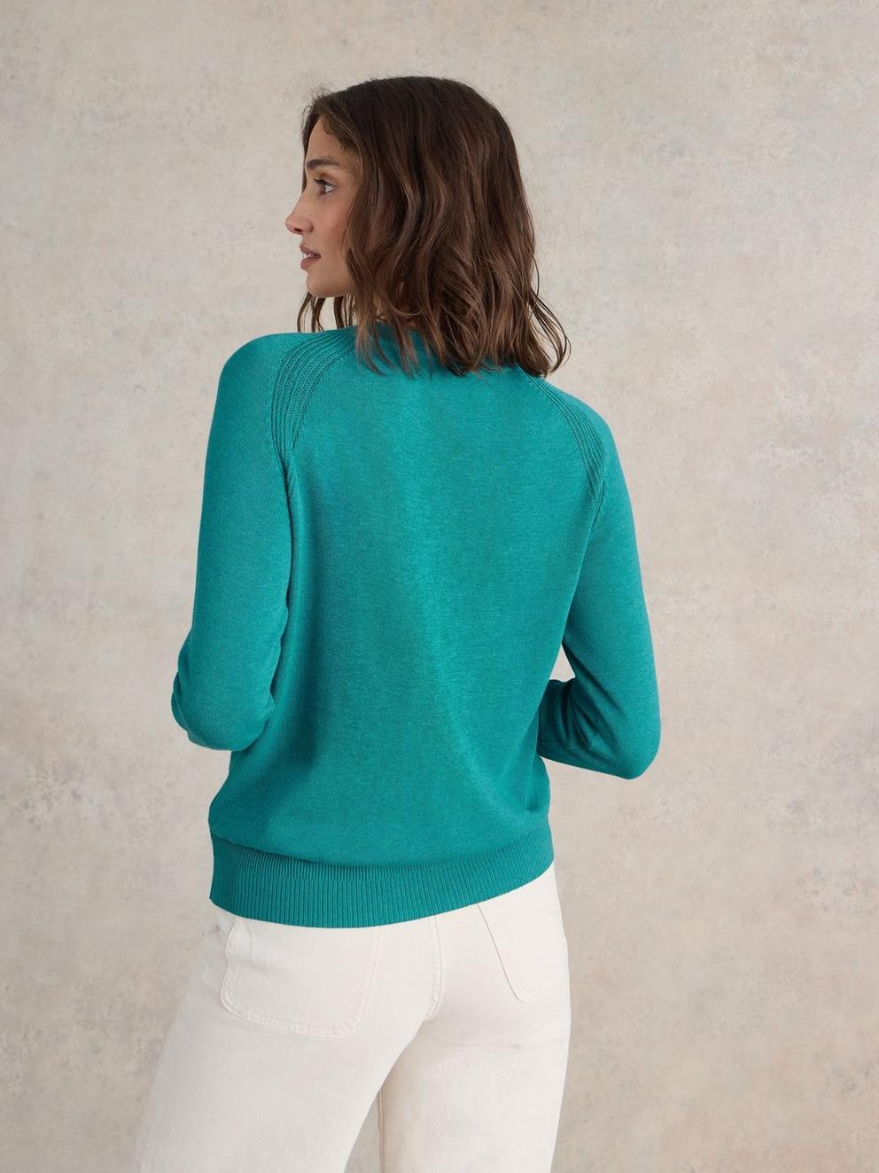 LULU LONG SLEEVE CREW NECK CARDI in BRT BLUE - MODEL BACK