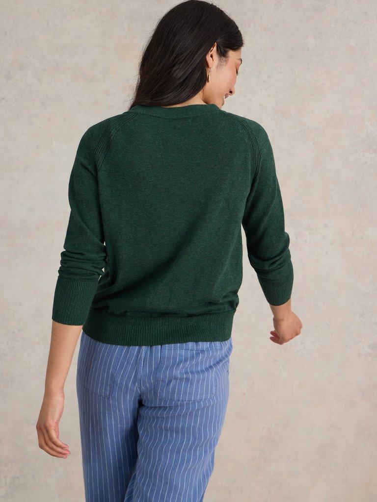 LULU LONG SLEEVE CREW NECK CARDI in DK GREEN - MODEL BACK