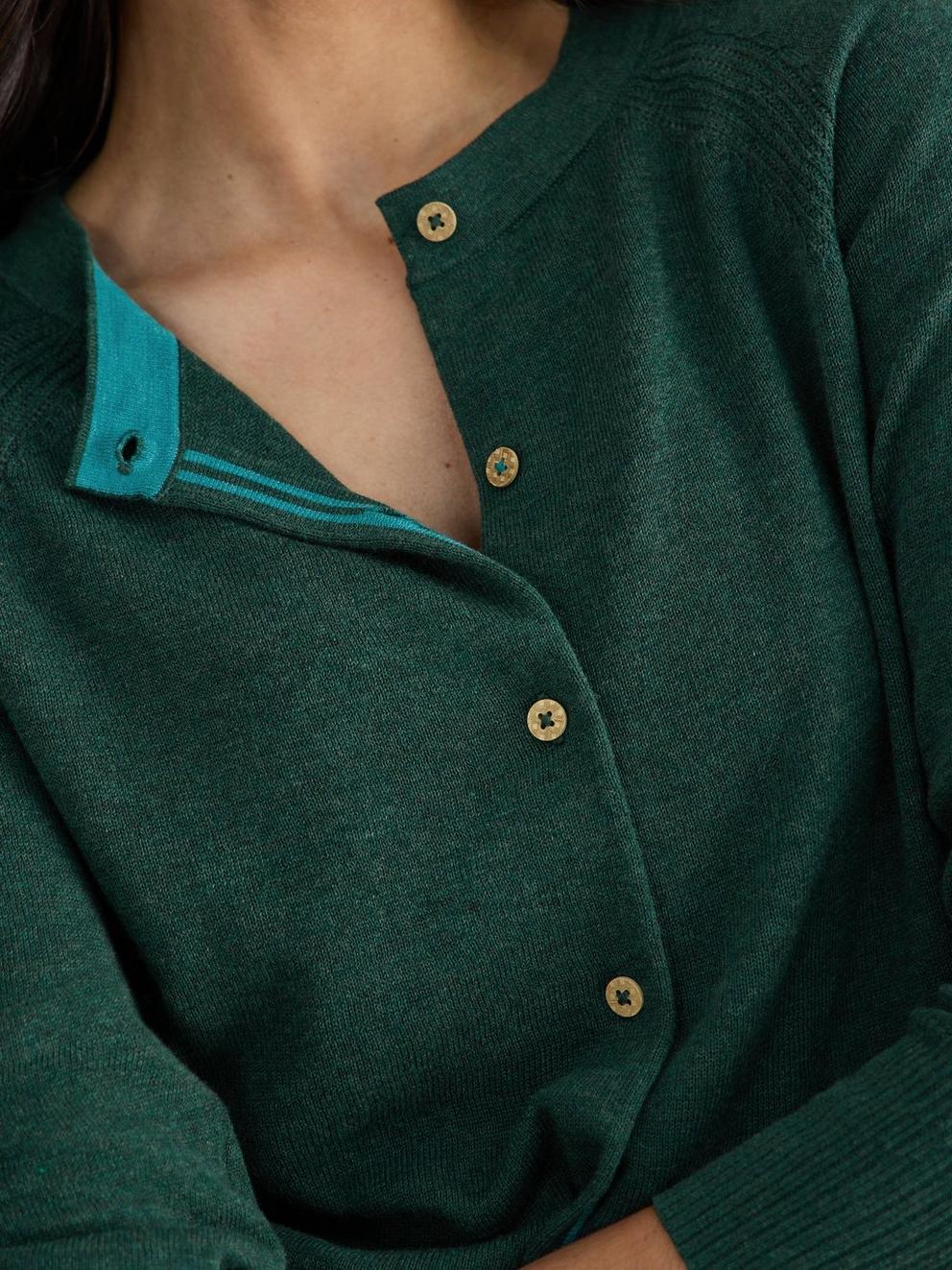 LULU LONG SLEEVE CREW NECK CARDI in DK GREEN - MODEL DETAIL