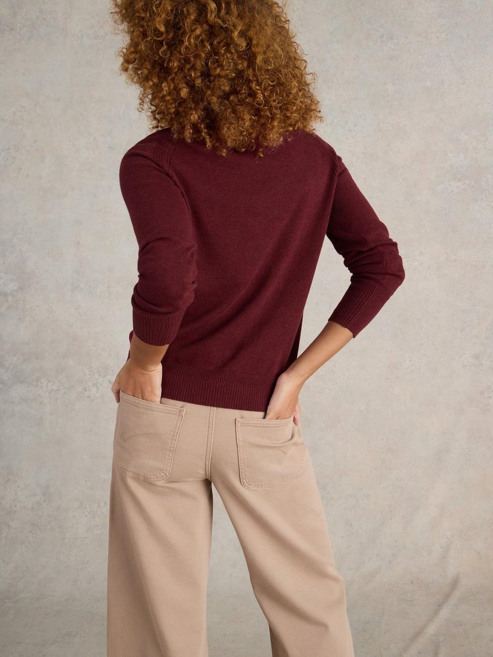LULU LONG SLEEVE CREW NECK CARDI in DK PLUM - MODEL BACK