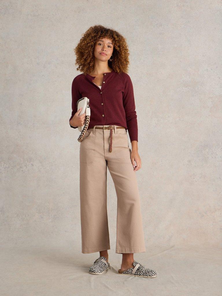 LULU LONG SLEEVE CREW NECK CARDI in DK PLUM - MODEL FRONT